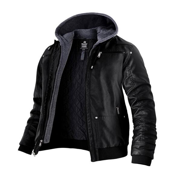 Wantdo Men's Faux Leather w/Removable Hood Motorcycle Jacket Winter Coat Small - Picture 1 of 11
